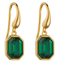 Yellow Gold Plated Elongated Octagon Drop Earrings With Emerald Crystal 